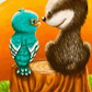 singing blue bird, purple badger, large tree, forest, Nina Mata illustrations